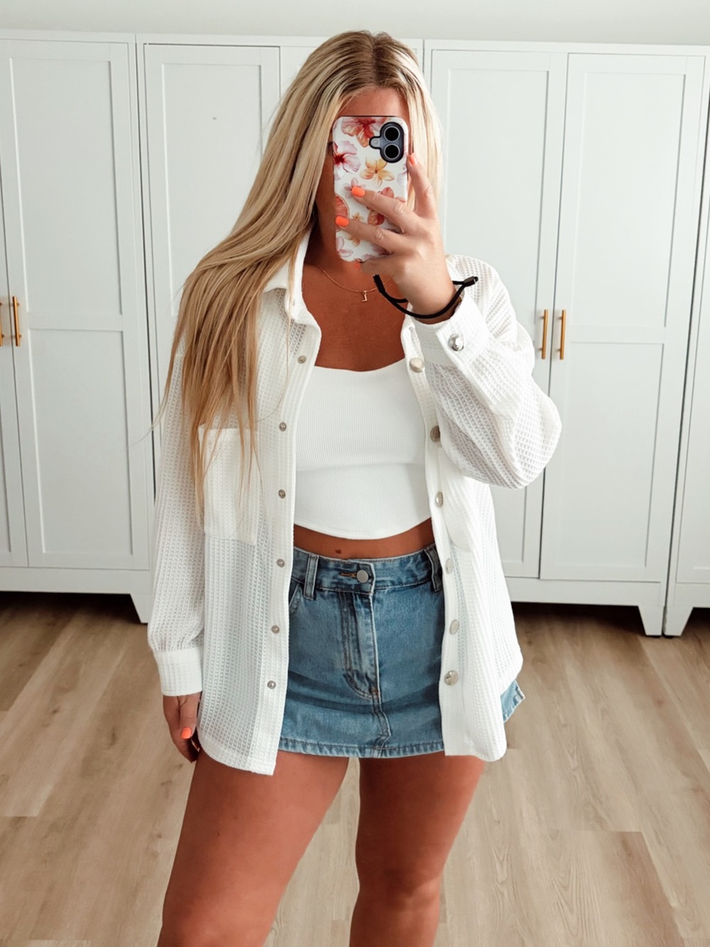White waffle knit button down shirt